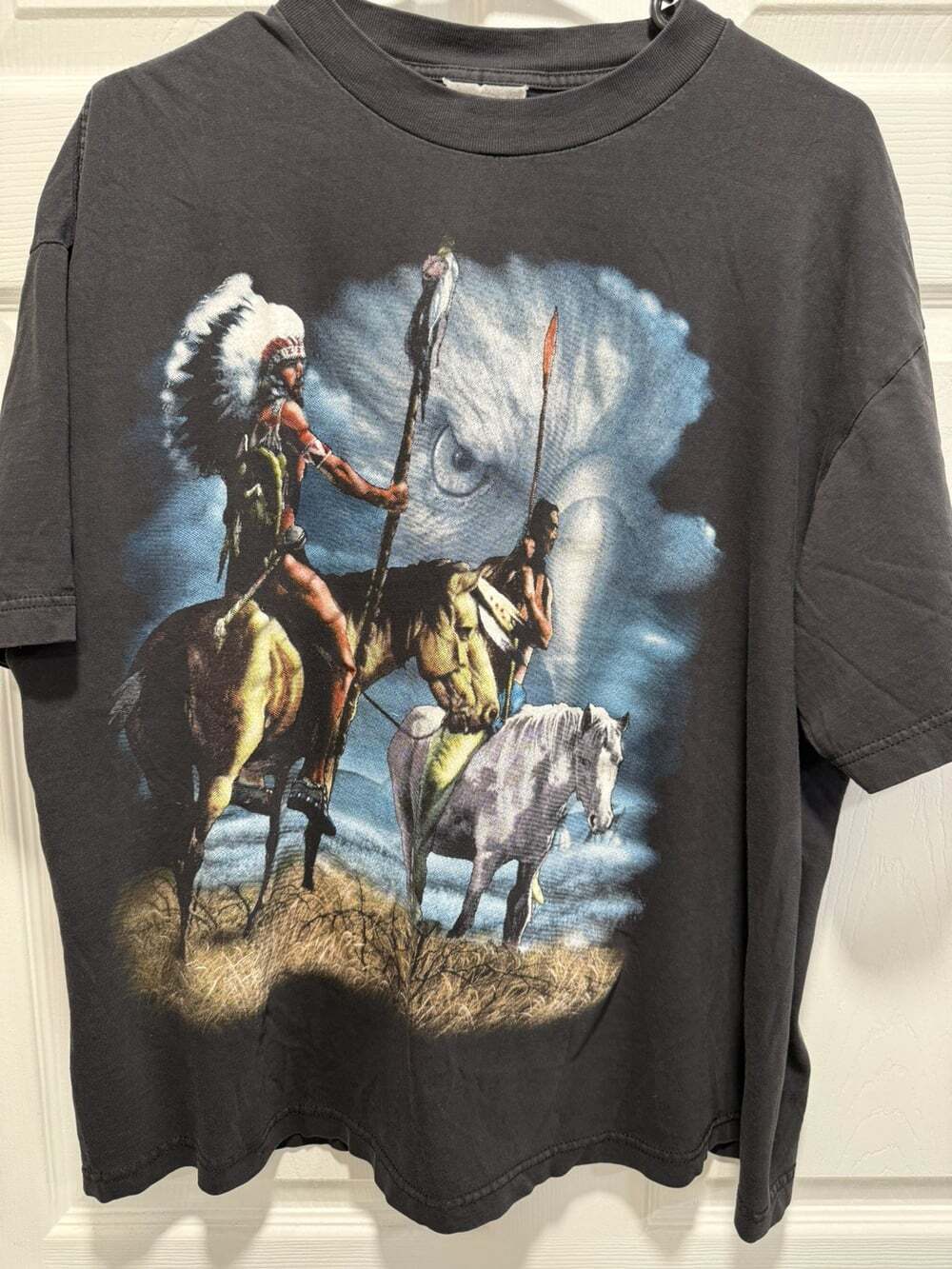 Thunder Sportswear Native American Horse And Eagle Black T-shirt Size XL 90s 2K